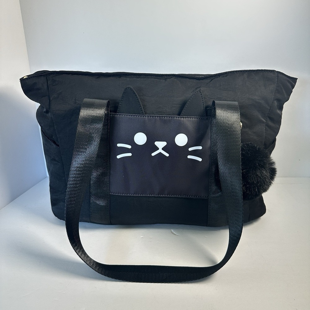 I Like Dreams Black Cat Tote Bag Kawaii Nylon Shoulder Bag Pom Pom NWT Cute